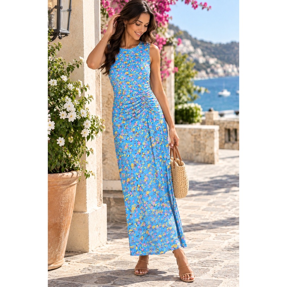AFRM Los Angeles Blue Floral Mesh Ruched Waist Sleeveless Midi Dress Large NWT